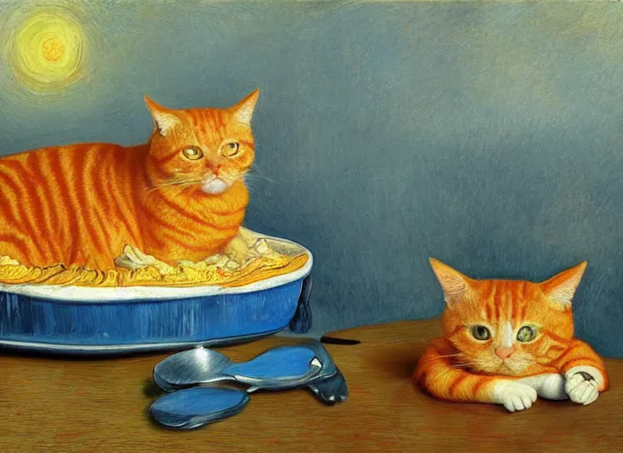 Image similar to detailed realistic realism painting of orange tabby cat fused combined with lasagna, at dusk, in the style of vincent van gogh and salvador dali and leonardo da vinci