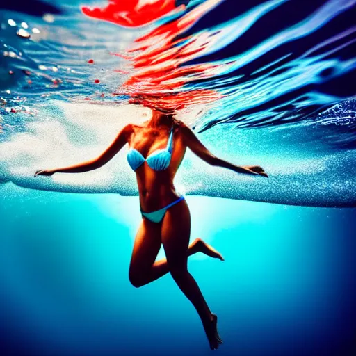 Image similar to a woman in bikini breaking the surface of the water, underwater photography with light scattering and water refractions, smooth