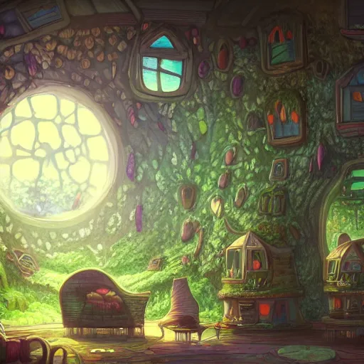 Image similar to concept art painting of a interior of a cozy alien fantasy cottage made of mushrooms and fungus, circular windows, with black vines and magenta houseplants, realistic, detailed, cel shaded, dark, in the style of makoto shinkai and greg rutkowski and james gurney