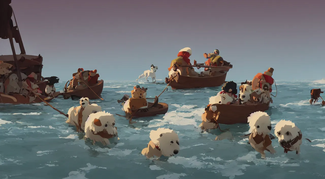 Image similar to havanese dogs pulling arctic explorers from the water, 1 9 0 0, tartakovsky, atey ghailan, goro fujita, studio ghibli, rim light, scary, afternoon lighting, clear focus, very coherent