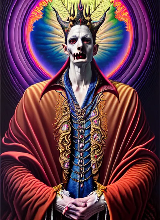 Image similar to beautiful oil painting, full length portrait of vampire dauphinois in baroque coronation robes 1 7 0 1, dan mumford, dan mumford, alex grey, hyacinthe rigaurd, highly detailed, lsd visuals, dmt fractal patterns, visionary art, psychedelic art, ornate, vaporwave, baroque, greg rutkowski