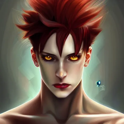 Prompt: portrait of hisoka morow hunter hunter male thin lips small eyes very thin pursed lips extremely sharp jaw yellow iris almond almond eyes squinting eyes dark red hair soft hair slicked back crimson hair anime, elegant, highly detailed, digital painting, artstation art by artgerm and greg rutkowski and alphonse mucha madonna bowie