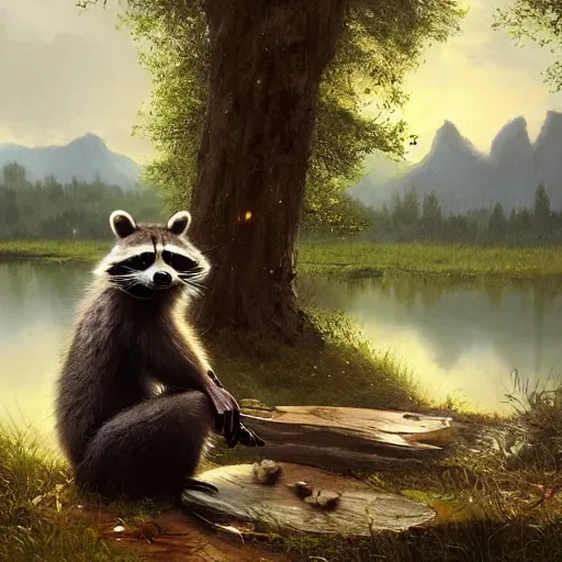 Prompt: A raccoon, wearing a robe, sad expression, sitting at a pond, mountainous area, trees in the background, oil painting, by Greg Rutkowski