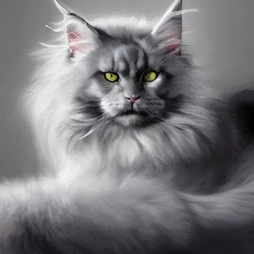 Image similar to a big old menacing dark grey maine coon cat with white belly, white paws and white face markings with long fur and fluffy tail, sitting, intricate, elegant, highly detailed, digital painting, artstation, concept art, matte, sharp focus, illustration, art by Artgerm and Greg Rutkowski and Alphonse Mucha