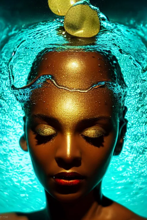 Prompt: hyperrealistic postrococo cinematic very expressive! black oshun goddess, open eyes, in water up to her shoulders, mirror dripping droplet!, gold flowers, highly detailed face, digital art masterpiece, smooth eric zener cam de leon dramatic pearlescent teal light, ground angle uhd 8 k, sharp focus