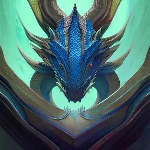 Image similar to symmetrical dragon head with scales, blue and green, highly detailed, digital painting, artstation, concept art, sharp focus, cinematic lighting, illustration, art by artgerm and greg rutkowski