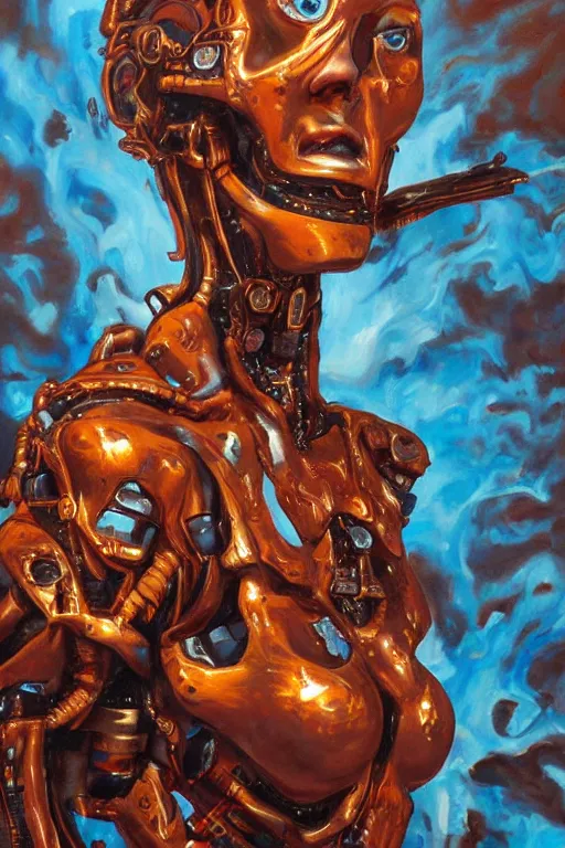 Image similar to oil painting, close-up, hight detailed, melting cyborg at red planet, in style of 80s sci-fi art, neodada