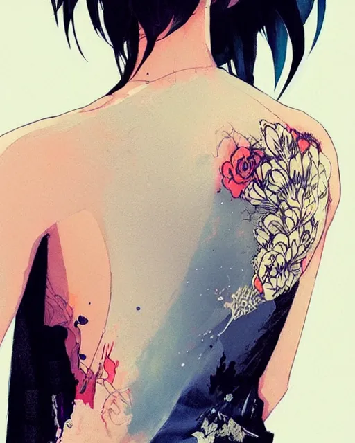 Prompt: a ultradetailed beautiful back painting of a stylish woman, she is wearing a black tank top and jeans, by conrad roset, greg rutkowski and makoto shinkai trending on artstation