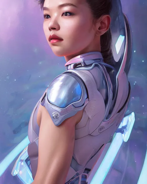 Image similar to portrait of Lalisa Manobal as futuristic airforce, inside future fighter, sci-fi, fantasy, intricate, very feminine, elegant, human anatomy, royal pink and blue light, highly detailed, digital painting, artstation, concept art, smooth, sharp focus, illustration, art by tian zi and WLOP and alphonse mucha, masterpiece, fix this image, variation