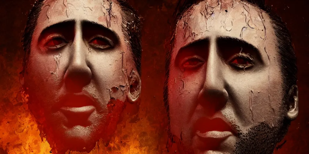 Prompt: A giant face of Nicolas Cage melting in a moutain, inspired by Everett Raymond Kinstler, artstation, 8k, photorealism