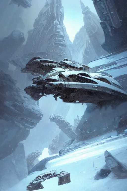 Prompt: ancient crashed spaceship in ice, snowstorm, horror, intricate digital painting artstation concept art smooth sharp focus illustration, art by artgerm and paul chadeisson and greg rutkowski and alphonse mucha