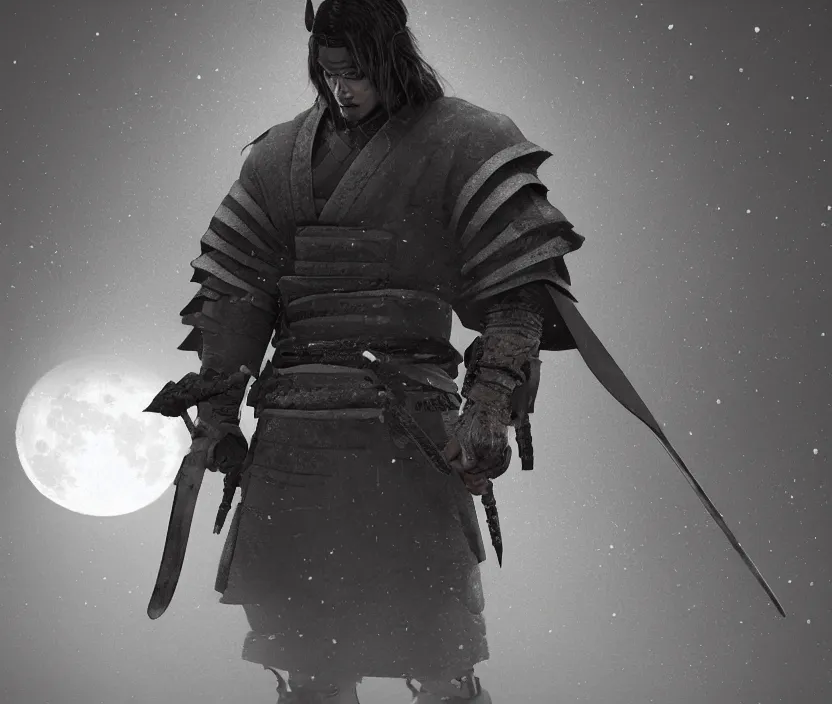 Prompt: '2d design graphic a samurai in the night ,big white moon background , gloomy and foggy atmosphere, octane render, artstation trending, horror scene, highly detailded style of Moebius, black and white ink '