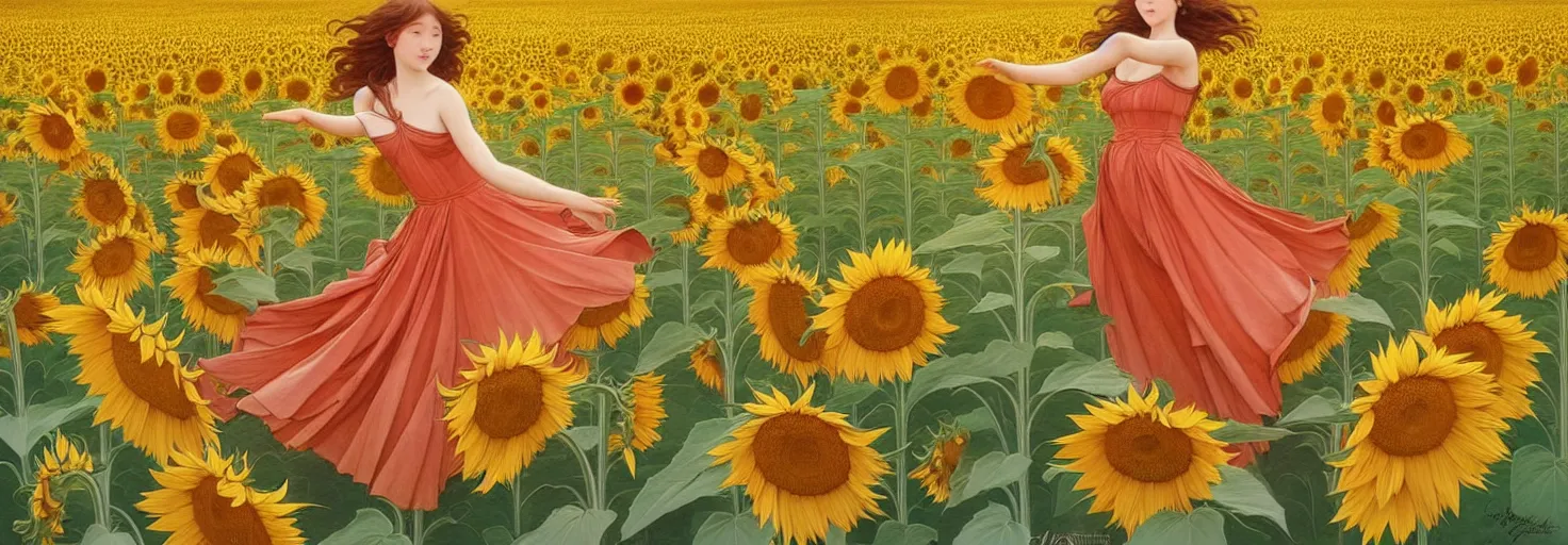 Image similar to beautiful young girl dancing in a fiery dress in a beautiful field of sunflowers and lilies, like leonardo da vinci sketches! in the style of studio ghibli, j. c. leyendecker, greg rutkowski, artgerm