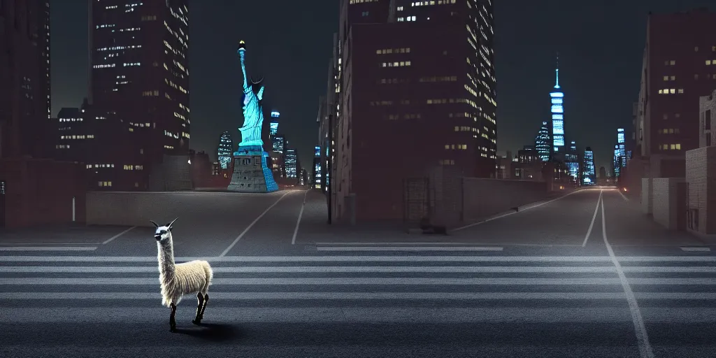 Image similar to a llama walking through a desolate manhattan city street at night, statue of liberty seen in the background, realistic 4 k octane beautifully detailed render, 4 k post - processing, highly detailed, detailed face, intricate complexity, epic composition, magical atmosphere, cinematic lighting, masterpiece, color picture, ultra hd