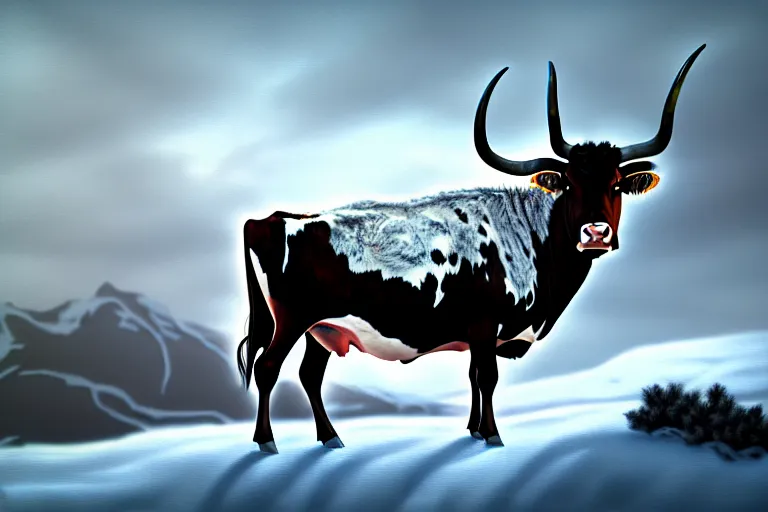 Image similar to an winter painting of a longhorn steer on a high bluff, key visual, concept art, extremely moody lighting, highly detailed, digital painting, artstation, unreal engine