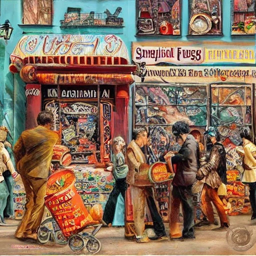 Image similar to by reginald marsh eclectic sangria. a street art of a city made entirely out of kulich, a traditional russian easter bread. the city is bustling with activity. the street art is playful & whimsical, with a touch of magic.