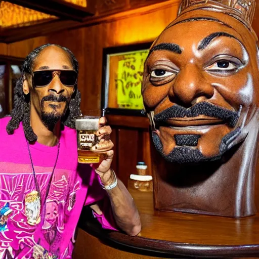 Image similar to snoop dogg at trader vic's bar holding a tiki mug with his face on it