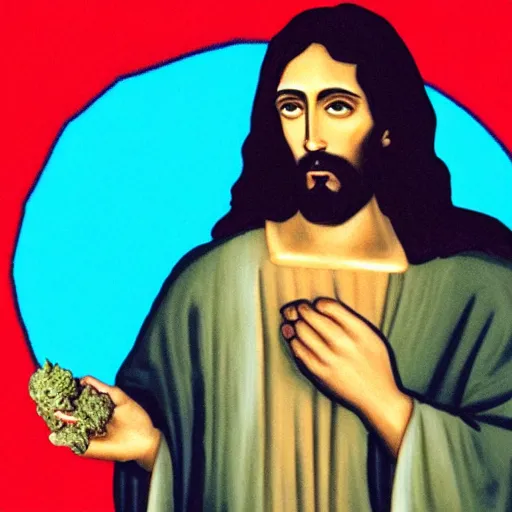 Image similar to jesus holding a bag of weed, happy, red eyes