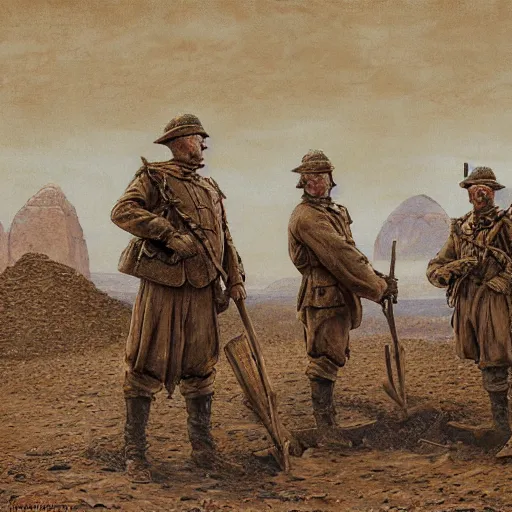 Prompt: ultra detailed photorealistic sepia - toned painting from 1 9 1 7, three british soldiers standing at an archaeological dig site in wadi rum, ultra realistic, painted, intricate details, lovecraft, atmospheric, dark, horror, brooding, highly detailed, by angus mcbride