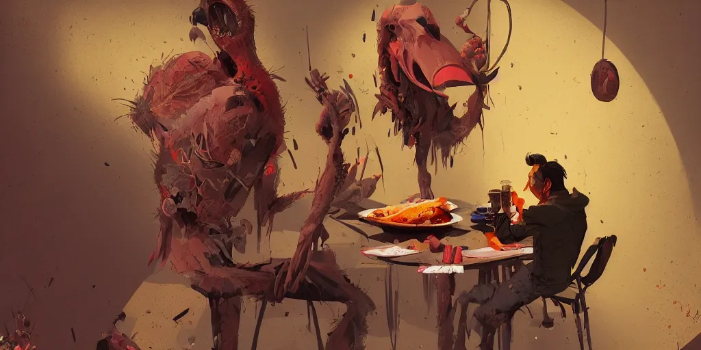 Image similar to cartoonish iggy pop eating dinner, vivid colors, character sheet, fine details, concept design, contrast, kim jung gi, greg rutkowski, trending on artstation, 8 k, full body, turnaround, front view, back view, ultra wide angle