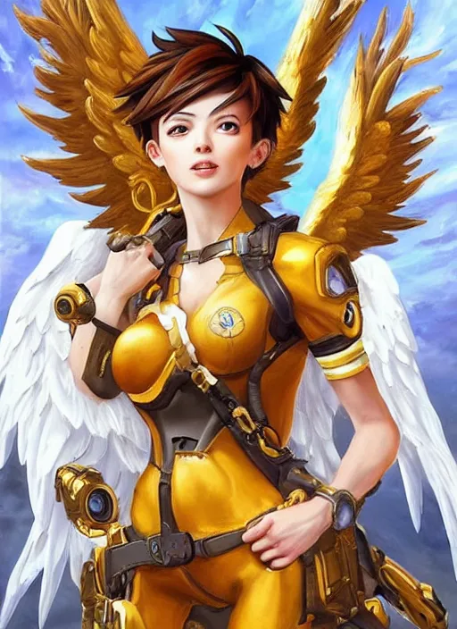 Image similar to full body oil painting of tracer overwatch in the style of sophie anderson, angel wings, angelic golden armor, dramatic painting, symmetrical composition, ornate, golden chains, high detail, gold detailed collar!!!!!, blooming, angelic, lights, flowers, heavenly, bright, detailed face,