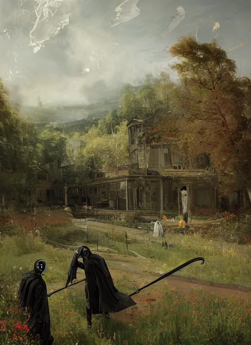 Prompt: grim reaper : : scythe and black rose : : kodachrome : : 2 d : : 3 d : : ray tracing global illumination : : insanely detailed and intricate, hypermaximalist, elegant, ornate, hyper realistic, super detailed : : by ismail inceoglu : : by john constable