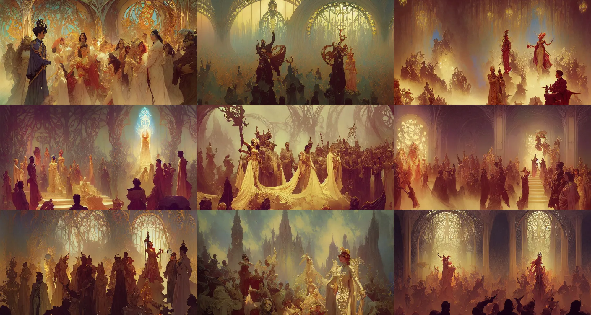 Prompt: coronation ceremony, art nouveau, fantasy, art by joseph leyendecker, peter mohrbacher, ivan aivazovsky, ruan jia, reza afshar, marc simonetti, alphonse mucha