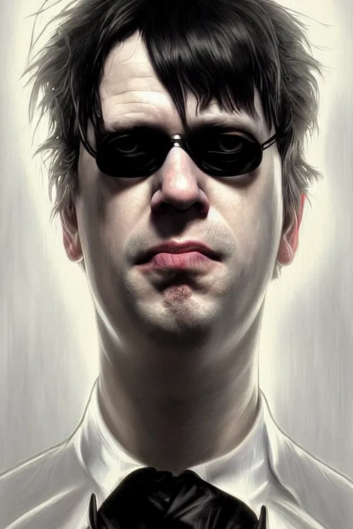 Image similar to Boris Johnson as Neo from Matrix, black shades, realistic portrait, symmetrical, highly detailed, digital painting, artstation, concept art, smooth, sharp focus, illustration, cinematic lighting, art by artgerm and greg rutkowski and alphonse mucha