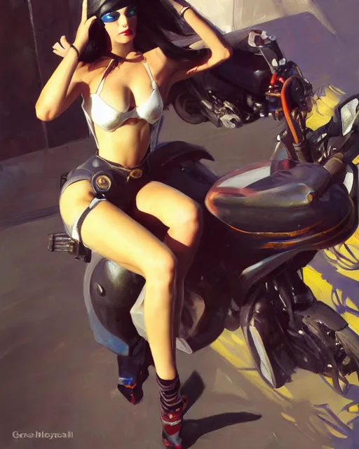 Image similar to greg manchess portrait painting of bunny cosplayer with female body, sitting on cyberpunk motorbike, medium shot, asymmetrical, profile picture, organic painting, sunny day, matte painting, bold shapes, hard edges, street art, trending on artstation, by huang guangjian and ail elvgren and sachin teng