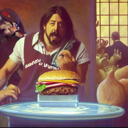 Prompt: Dave Grohl eating giant hamburgers, sexy sesame seed buns, extra bacon lettuce and tomato, french fries levitate in the background and cast holy light, drawn by Donato Giancola and Jon Foster, frank frazetta, alphonse mucha, background by James Jean and gustav klimt, 4k, volumetric lighting, trending on artstation, hyperrealistic