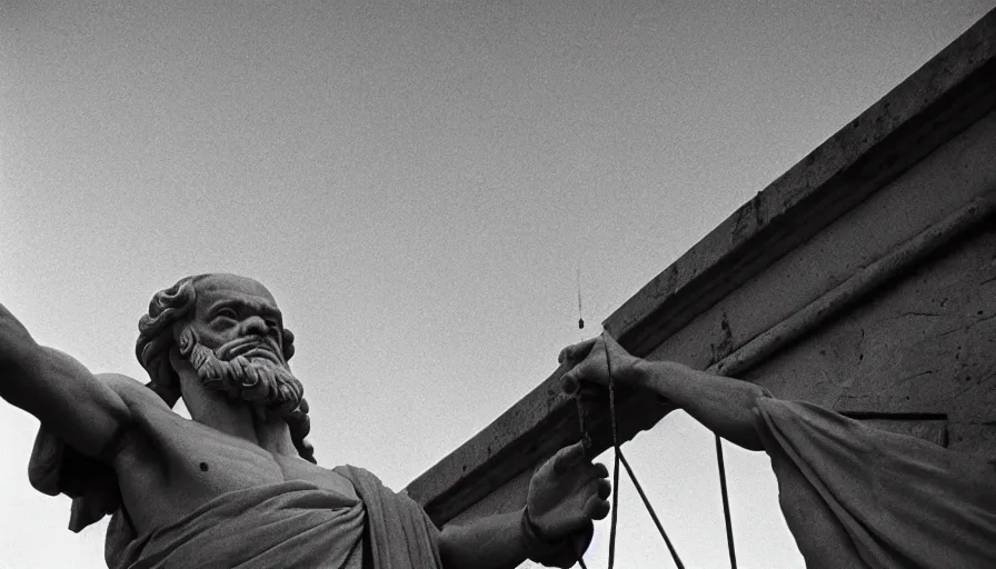 Prompt: 1 9 6 0 s movie still of socrates in a barque on a classical aqueduc with collumns, cinestill 8 0 0 t 3 5 mm b & w, high quality, heavy grain, high detail, panoramic, cinematic composition, dramatic light, ultra wide lens, anamorphic