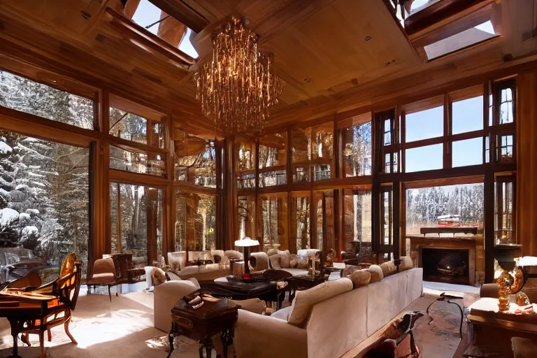 Image similar to interior of a beautiful contemporary mansion in Aspen, skybridges, turrets, golden hour, light snow, snowflakes falling outside, sunbeams, volumetric lighting, by Emmanuel Lubezki