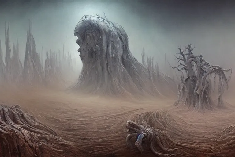 Image similar to prophecy, gnostic atmosphere, amazing concept painting by Jessica Rossier and HR giger and Beksinski, the middle of a valley; it was full of bones, bones that were very dry, there was a noise, a rattling sound, and the bones came together, bone to bone , I looked, and tendons and flesh appeared on them and skin covered them, but there was no breath in them and breath entered them, they came to life and stood up on their feet a vast army