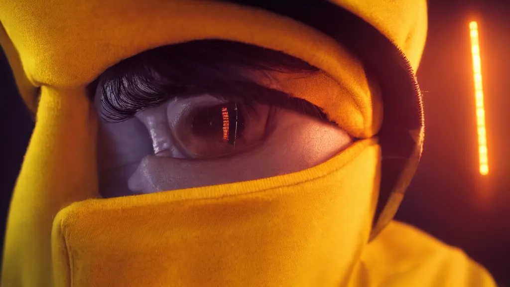 Image similar to close up portrait of young engineer in a yellow sweatshirt on the face of which glare from the computer. cyberpunk, volumetric lighting, 4 k, hd