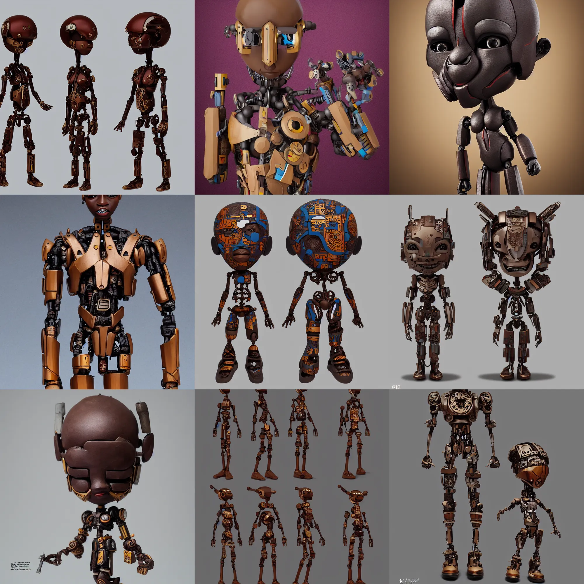 Prompt: illustration artoys cute figurine wooden african mas cyborg, cyberpunk, highly detailed, symetrical, geometrical, cgsociety, artstation