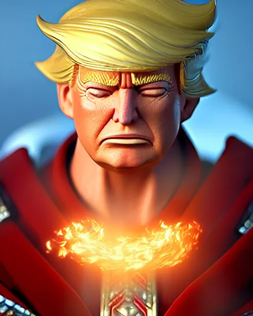 Image similar to donald trump as an azctec warrior, detailed perfect face, exquisite details, fire magic, mid view, design on a white background, by studio muti, greg rutkowski makoto shinkai takashi takeuchi studio ghibli