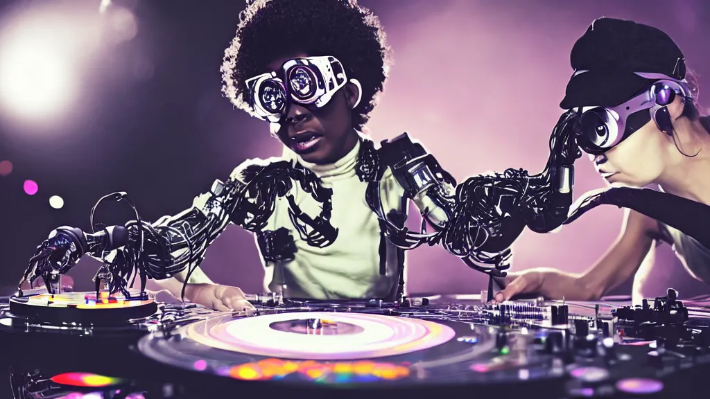 Image similar to a black woman wearing goggles and visor and headphones using an intricate clockwork record player turntable contraption, robot arms, turntablism dj scratching, intricate planetary gears, smoky atmosphere, cinematic, sharp focus, led light strips, bokeh, iridescent, black light, fog machine, hazy, lasers, spotlights, motion blur, color