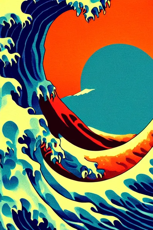 Image similar to Synthwave Poster inspired by The Great Wave off Kanagawa, synthwave aesthetic, highly detailed, digital painting, artstation, concept art, smooth, sharp focus, illustration