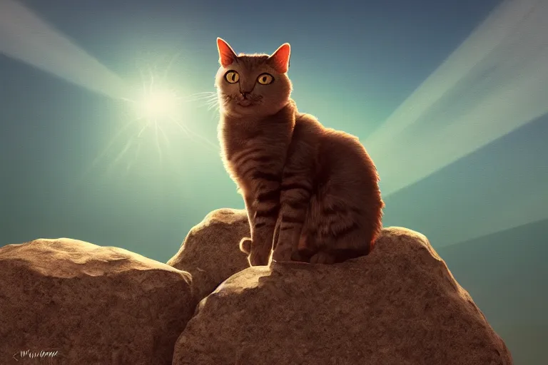 Image similar to cat standing on a rock, backlighting, digital art, trending on artstation, fanart, by wayne mclouglin