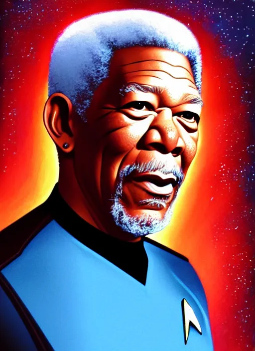 Prompt: cute star trek officer morgan freeman, natural lighting, path traced, highly detailed, high quality, digital painting, by don bluth and ross tran and studio ghibli and alphonse mucha, artgerm