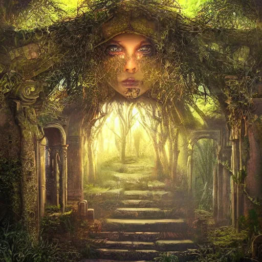 Prompt: ancient magical overgrown ruins, folkloric gates, mysetrious etherial mesmerizing eyes, extremely intricate, fantasy twilight lighting, hyper detailed, hd, masterpiece