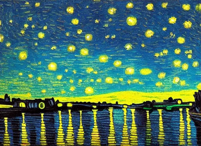 Image similar to painting of a ufo sighting above a city at dusk, in the style of vincent van gogh and edward hopper