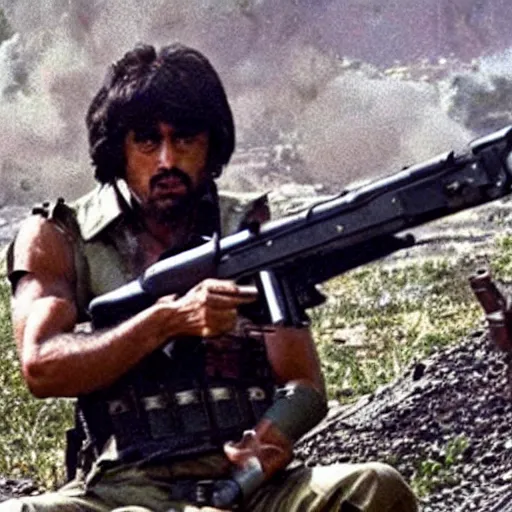 Image similar to [ [ modi ] ] firing ak 4 7 bomb blast background still from rambo