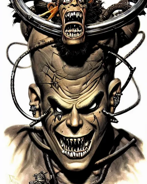 Image similar to junkrat from overwatch, heavey metal magazine cover, character portrait, portrait, close up, concept art, intricate details, highly detailed, in the style of frank frazetta, r. giger, esteban maroto, richard corben, pepe moreno, matt howarth, stefano tamburini, tanino liberatore, luis royo and alex ebel