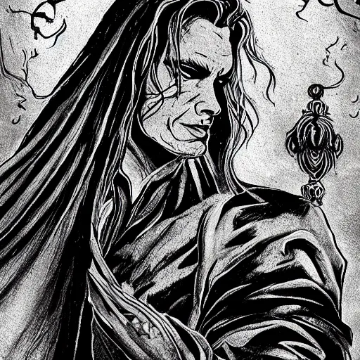 Image similar to black and white pen and ink!!!!!!! Twin Peaks Black Lodge goetic vampire Leonardo Di Caprio handsome robes flowing royal hair golden!!!! Vagabond!!!!!!!! floating magic swordsman!!!! glides through a beautiful!!!!!!! liquid magic floral crystal battlefield dramatic esoteric!!!!!! Long hair flowing dancing illustrated in high detail!!!!!!!! by Moebius and Hiroya Oku!!!!!!!!! graphic novel published on 2049 award winning!!!! full body portrait!!!!! action exposition manga panel black and white Shonen Jump issue by David Lynch eraserhead and beautiful line art Hirohiko Araki!! Rossetti, Millais, Mucha, Jojo's Bizzare Adventure