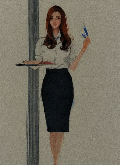 Image similar to concept art of a modern office life, young business woman, pencil miniskirt, pinterest, artstation trending, behance, watercolor, by coby whitmore, silver, laser light,