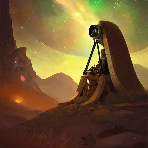 Image similar to modern binocular telescope looking at the starry sky, hearthstone coloring style, artwork by greg rutkowski, epic fantasy style art, fantasy epic digital art