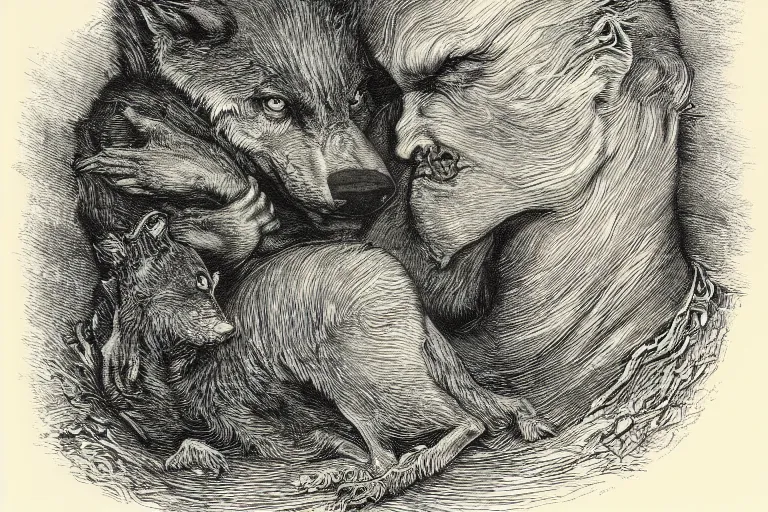 Image similar to werewolf portrait, Gustave Dore lithography