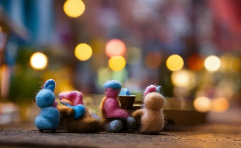 Image similar to miniature cafe diorama macro photography, cafe with felted bunnies on a date, alleyway, ambient, atmospheric, british, cozy, bokeh, romantic, colorful lanterns