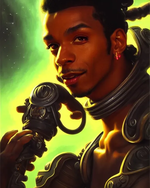 Prompt: lucio from overwatch, fantasy, fantasy art, character portrait, portrait, close up, highly detailed, intricate detail, amazing detail, sharp focus, vintage fantasy art, vintage sci - fi art, radiant light, caustics, by boris vallejo